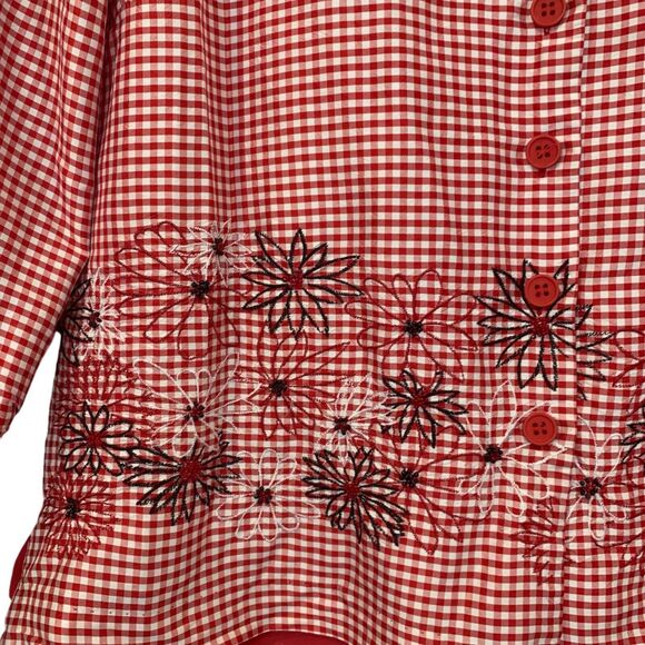 Drapers and Damons Womens Red Silk Flower Embroidered Gingham Shirt 14P Classic - Picture 2 of 9